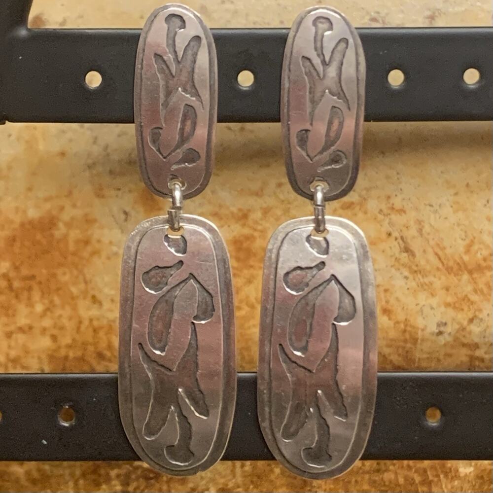 Vintage Ed Levin Earrings Sterling Silver Modernist Dangle/Drop Engraved